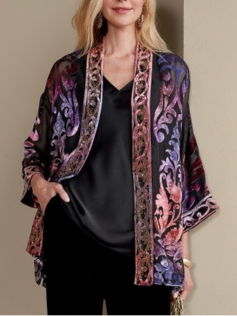 Soft Surroundings Sophia Velvet Burnout Sheet Kimono Topper One Size New